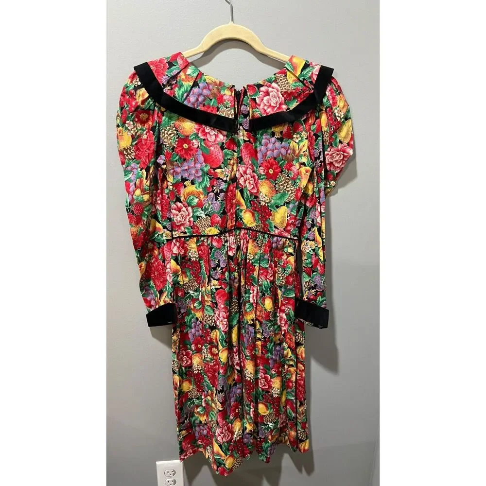 Vtg Picture Me Womens Multicolor Fruit Floral Lace Collar Dress M/L Long Sleeve - Picture 3 of 15